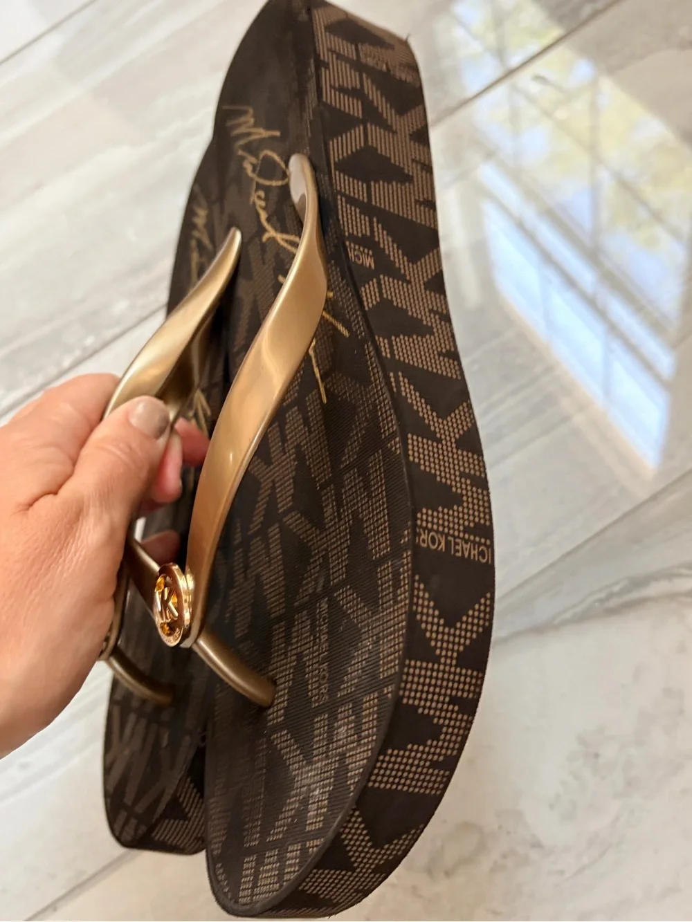 Michael Kors Black and Gold Signature Logo Thong Sandals